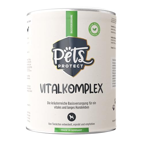 VITALKOMPLEX | All-In-One Futteraufwertung für Hunde | Futterzusatz aus Superfoods, Kräutern & Vitalstoffen | Liefert Vitamine, Mineralien, Proteine, Omega-3 | 500g Pulver | Deutsche Herstellung von Pets PROTECT