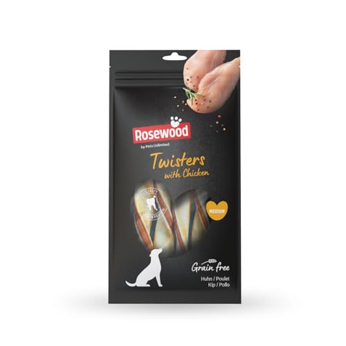 Rosewood Twisters mit Huhn Mittelgroß - Rinderhaut-Kaustick für Hunde, mit Hühnchen angereichert, Zahnpflege, Getreide- und Glutenfrei, Ohne Künstliche Zusätze, 80 g von Rosewood