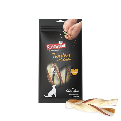 Rosewood Twisters mit Huhn – Zahnpflegende Kausnacks aus Rinderhaut mit Hühnchen – Getreidefrei, glutenfrei & ohne künstliche Zusätze – 80 g von Rosewood