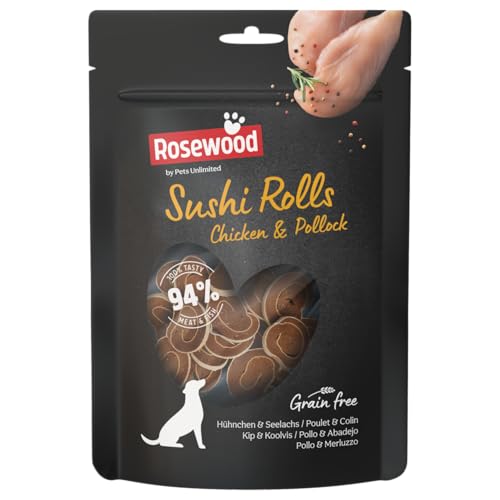 Rosewood Hühnchen & Kabeljau Sushi-Rollen aus Rosenholz - Weiche Leckerlis für Hunde, Getreide- und Glutenfrei, Ohne Künstliche Zusätze, 100g von Rosewood