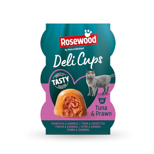 Rosewood Gobelets Délices Thunfisch & Garnelen - Weiche Katzensnacks mit Thunfisch und Garnelen, Natürliche Zutaten, Omega-3 und Omega-6, Ohne Salz und Zucker, Keine Künstlichen Zusätze, 6 x 22 g von Rosewood