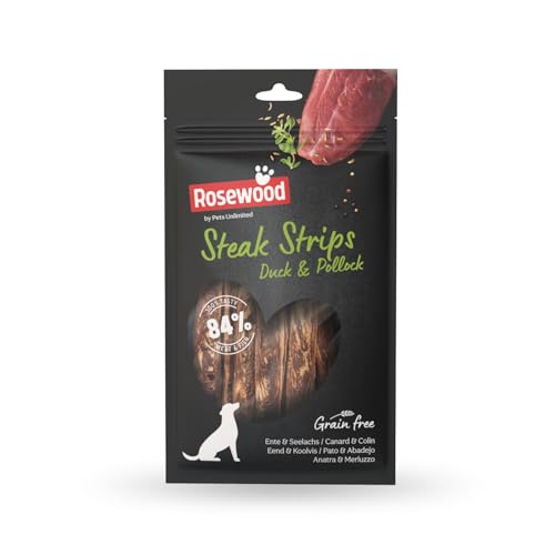 Rosewood Enten- & Seelachs Steakstreifen aus Rosenholz - Weiche Leckerlis für Hunde, Reich an Fleisch/Fisch, Fettarm, Getreide- und Glutenfrei, Ohne Künstliche Zusätze, 100 g von Rosewood