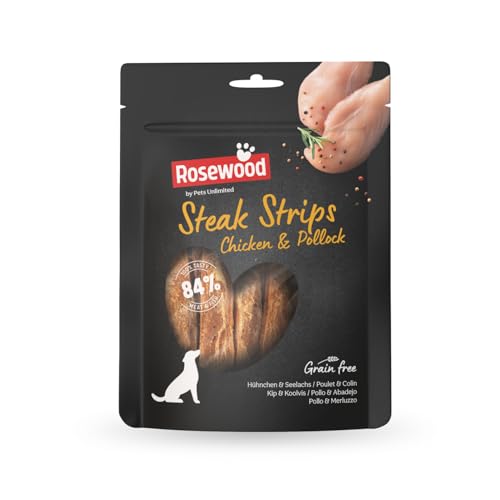 Rosewood Hähnchen & Kabeljau Steakstreifen aus Rosenholz - Weiche Leckerlis für Hunde, Hoher Fleisch-/Fischanteil, Fettarm, Ohne Getreide & Gluten, Keine Künstlichen Zusätze, 100 g von Rosewood