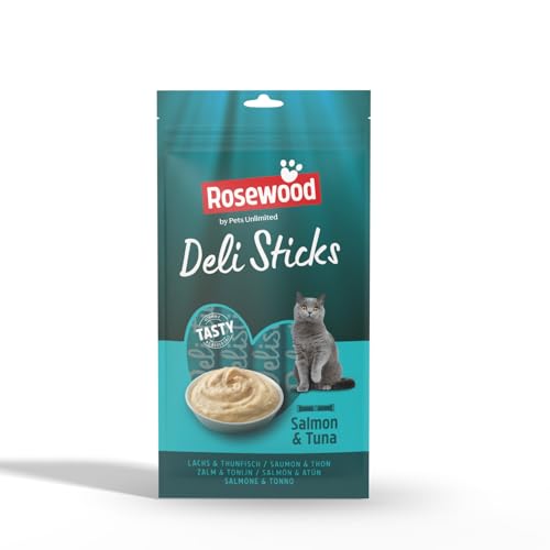 Rosewood Deli Sticks Lachs & Thunfisch – Weicher Mousse-Katzensnack, Leckerlis oder Topper für Katzen, ohne Zusatz von Salz oder Zucker, mit wichtigen Vitaminen und Mineralien, 5x15g von Rosewood