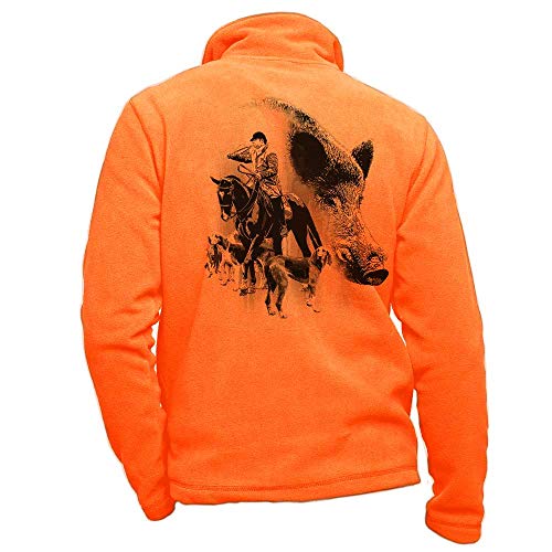 Jagd-Fleece orange personalisiert mit Wildschwein, Hunde, Pferd und Trompe, Größe XL von Pets-easy