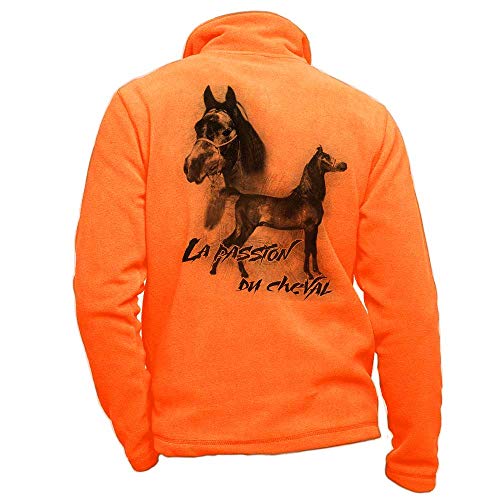 Orangefarbene Fleecejacke personalisiert mit einem kastanienbraunen Pferd - Reitoutfit Größe 2XL von Pets-easy