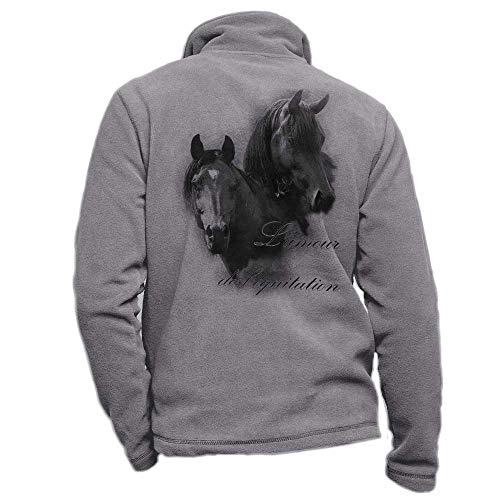 Personalisierte graue Fleece-Reiterjacke mit einem schwarzen Pferd - Reiterbekleidung Größe M von Pets-easy