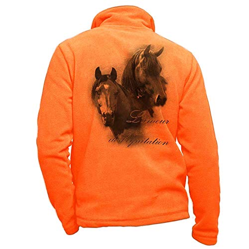 Personalisierte orangefarbene Fleece-Reiterjacke mit einem schwarzen Pferd - Reiterbekleidung Größe M von Pets-easy