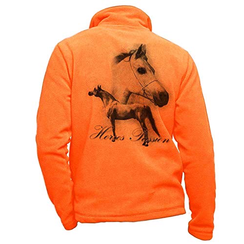 Personalisierte orangefarbene Fleece-Reiterjacke mit einem weißen Pferd - Reiterbekleidung Größe M von Pets-easy