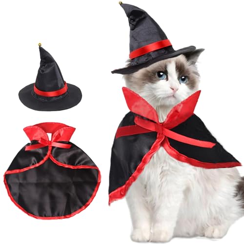Pets on Safari Katze Halloween Kostüm Set, Hund Vampir Umhang mit Verstellbarem Hut Zubehör, Lustige Cosplay Kleidung Anzug mit Fliege für Kätzchen Welpen von Pets on Safari