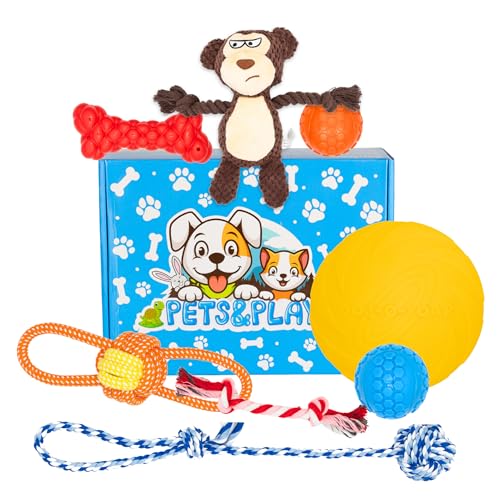 Pets & Play Gemischtes Hundespielzeug-Set | 8-teiliges Set mit Seilspielzeug, quietschendem Plüsch, Gummiknochen, Bällen und Frisbee | langlebiges Spielpaket für kleine bis große Hunde | Langeweile, von Pets & Play