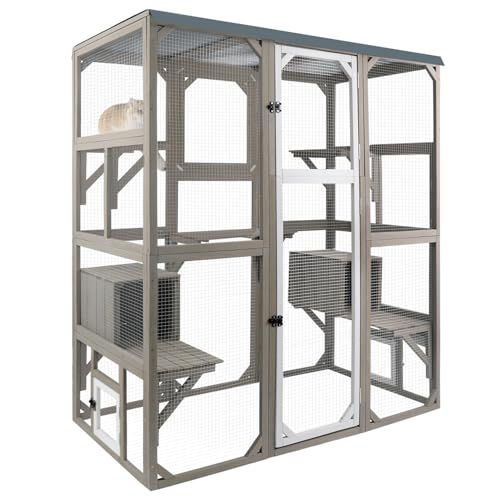 Katzenhaus für den Außenbereich, Catio-Katzen-Enclsoures auf Rädern, großes Catio für Katzen, Innenbereich, Katzenfenster, Holz, Außenkatzenhaus mit Ruheraum, ausziehbarem Boden, wetterfestes Dach (L von PetsCosset