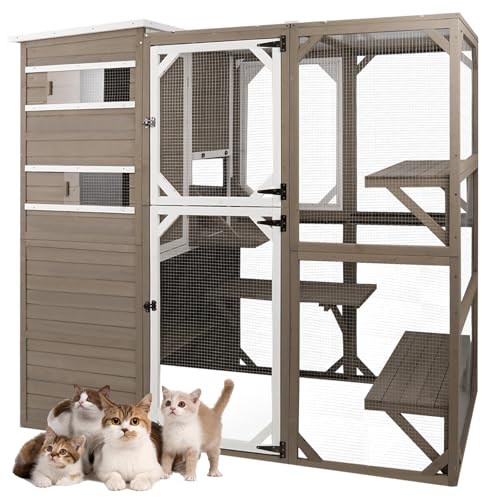 PetsCosset Catio Katzengehege Outdoor, großes Katzenhaus im Freien, wetterfest, am Fenster befestigt, für mehrere Katzen, 5 Plattformen-71 H 195,6 cm L von PetsCosset