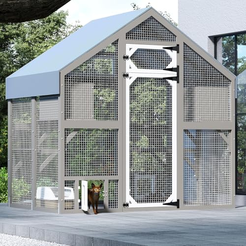 PetsCosset Catio Katzengehege für den Außenbereich, groß, Holz, zum Spazierengehen, wetterfestes Dach, befestigt an Hausfenster, Katzentür und Tunnel (Katzenkatio, 1 Set) von PetsCosset