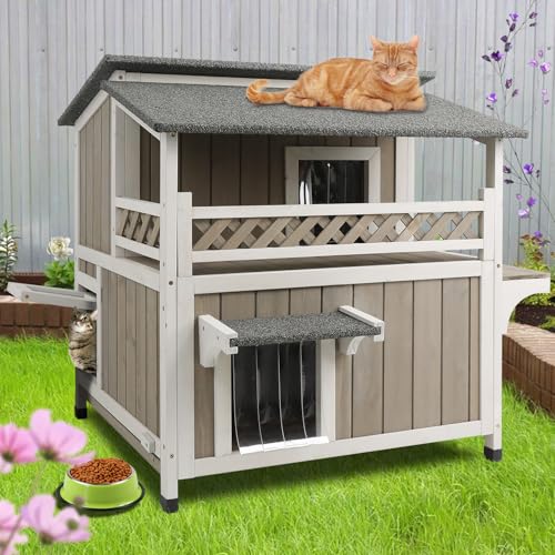 PetsCosset Feral Katzenhaus Outdoor, 2-stöckiges Katzenhaus im Freien für Wildkatzen draußen mit Balkon Wetterfest, Ausziehbare Schale, Wasserdichtes Dach, Plattformen, Fluchttür PetsCosset Feral Katzenhaus Outdoor, 2-stöckiges Katzenhaus im Freien für Wildkatzen draußen mit Balkon Wetterfest, Ausziehbare Schale, Wasserdichtes Dach, Plattformen, Fluchttür von PetsCosset