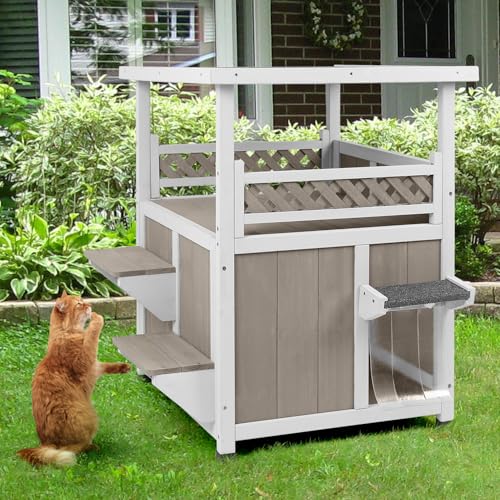 PetsCosset Katzenhaus für den Außenbereich, wetterfest, zweistöckig, wilde Katzen, Unterschlupf für draußen, Indoor-Katzenhütte mit 2 Fluchttüren, großer Balkon PetsCosset Katzenhaus für den Außenbereich, wetterfest, zweistöckig, wilde Katzen, Unterschlupf für draußen, Indoor-Katzenhütte mit 2 Fluchttüren, großer Balkon von PetsCosset