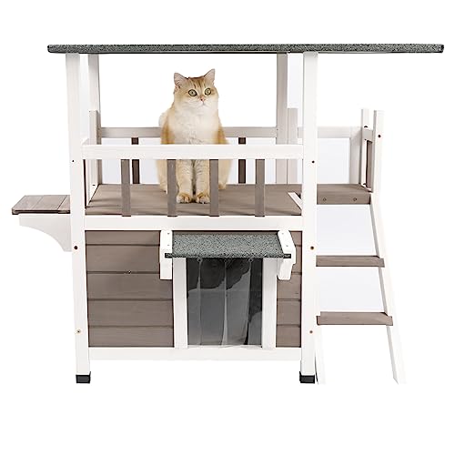 PetsCosset Katzenhaus im Freien wetterfest - Zweistöckiges Katzenhaus aus Holz mit Kletterleiter, Regenvorhang, Fluchttür von PetsCosset