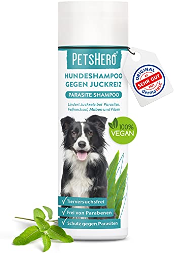 PetsHero® Hundeshampoo gegen Milben, Flöhe, Zecken & Parasiten - 250 ml - Parasiten Shampoo mit angenehmen Duft & optimal auf die Hundehaut angepasst - für Welpen geeignet - Dermatest Sehr gut von PetsHero