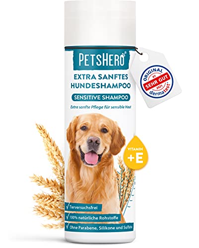 PetsHero® Hundeshampoo Sensitive gegen Juckreiz und Schuppen 250 ml - für Welpen geeignet - tierversuchsfrei & vegan - Dermatest Sehr gut - Extra sanfte Pflege für Sensible Haut von PetsHero