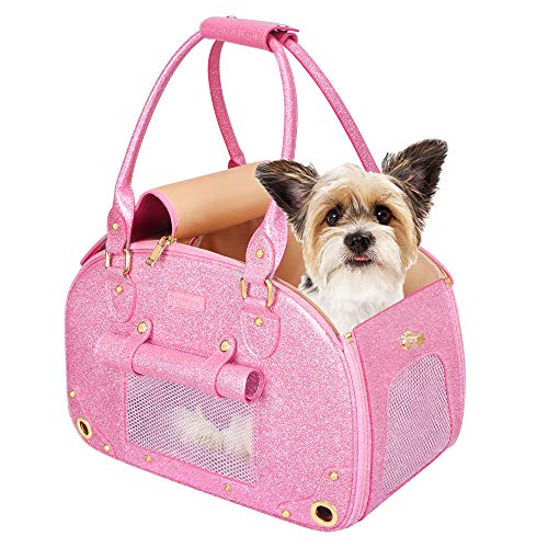 PetsHome Hundetragetasche, Haustier-Tragetasche, faltbar, wasserdicht, Premium-Leder, tragbare Tasche für Katzen und kleine Hunde, Medium, AB-Bling Pink-1 von PetsHome