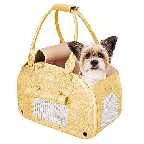 PetsHome Hundetragetasche, Haustier-Tragetasche, glitzernd, wasserdicht, Premium-Leder, tragbare Tasche für Katzen und kleine Hunde, Zuhause & Outdoor, klein, glitzernd, goldfarben von PetsHome