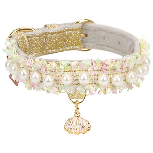PetsHome Katzenhalsband, Hundehalsband, schöne Spitze, niedliche Perle, hochwertiges PU-Leder, Haustierhalsband mit Muschelanhänger, verstellbares Halsband für Katzen und kleine Hunde, klein, Gold von PetsHome