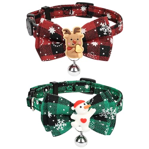 PetsHome Weihnachtskatzenhalsband, 2er-Pack, Weihnachts-Hundehalsband mit Fliege, Weihnachtsdekoration und Glocke für Katzen, kleine bis mittelgroße Hunde, Rot + Grün von PetsHome
