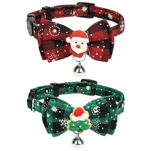 PetsHome Weihnachtskatzenhalsband, 2er-Pack, Weihnachts-Hundehalsband mit Fliege, Weihnachtsdekoration und Glocke für Katzen, kleine und mittelgroße Hunde, Rot + Grün von PetsHome
