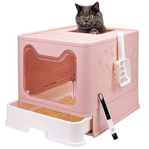 Faltbare Katzentoilette mit Deckel, geschlossenes Katzentoilette, Spritzschutz-Katzentoilette, leicht zu reinigen, inklusive Katzenstreuschaufel und 2-1 Reinigungsbürste (Pink) von PetsPro