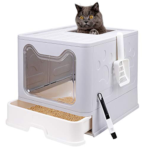 Faltbare Katzentoilette mit Deckel, geschlossenes Katzentoilette, Spritzschutz-Katzentoilette, leicht zu reinigen, inklusive Katzenstreuschaufel und 2-1 Reinigungsbürste (grau) von PetsPro