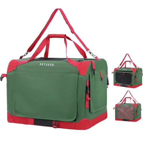 Petseek Extra große Katzentragetasche, weiche Seiten, faltbar, für kleine Hunde, 61 x 41,9 x 40,6 cm, Reisen, faltbar, belüftet, komfortables Design, tragbares Fahrzeug mit Vorhang (grün-rot) von Petseek
