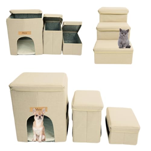 Petsen Haustiertreppe mit 3 Staufächern und Höhle – Faltbare Hundetreppe für kleine Hunde und Katzen mit Kissen, Namensgravur und rutschfestem Boden (Beige, 44 x 75 cm, 3) von Petsen