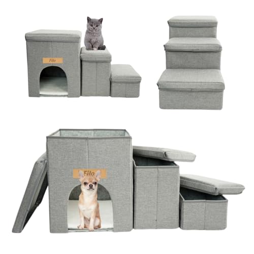 Petsen Haustiertreppe mit 3 Staufächern und Höhle – Faltbare Hundetreppe für kleine Hunde und Katzen mit Kissen, Namensgravur und rutschfestem Boden (Grau, 44 x 75 cm, 3) von Petsen