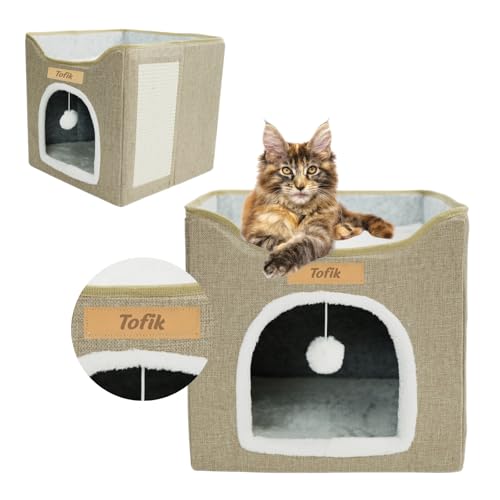 Petsen Katzenhaus mit Namensgravur – Faltbare Katzenhöhle mit Kratzbrett, Kissen & Spielball – 2 Liegeflächen, rutschfest & stabil – 39,5 x 39 cm (beige, 39,5 x 39 cm) von Petsen
