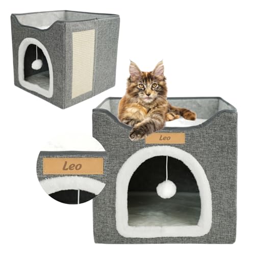 Petsen Katzenhaus mit Namensgravur – Faltbare Katzenhöhle mit Kratzbrett, Kissen & Spielball – 2 Liegeflächen, rutschfest & stabil – 39,5 x 39 cm (gris, 39,5 x 39 cm) von Petsen