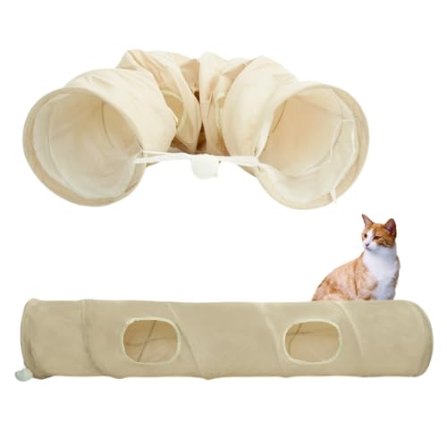 Petsen Katzentunnel aus robustem Ecolen Stoff mit Pompon und Spielöffnungen – Faltbarer Indoor Spieltunnel für Katzen, Frettchen oder Kaninchen (Beige) von Petsen