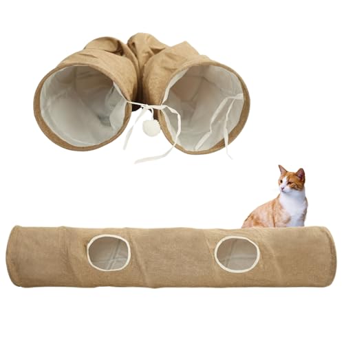 Petsen Katzentunnel aus robustem Ecolen Stoff mit Pompon und Spielöffnungen – Faltbarer Indoor Spieltunnel für Katzen, Frettchen oder Kaninchen (Braun) von Petsen