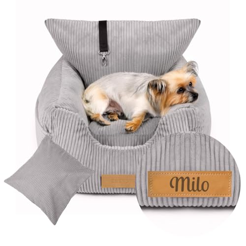 Petsen Personalisiert Hunde Autositz, Autositze Hund Rückbank mit Leine, Hundeautositz mit Hundenamen, Hundekorb Kleine Hunde, Hundekörbe Auto, Autobett, Hundebett (grau) von Petsen