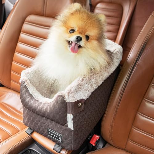 PETSFIT Hunde Autositz für Kleine Hunde, Hundesitz Auto Mittelkonsole mit verbesserten Sicherheitsgurten, waschbarem, dickem Kissen für kleine Hunde bis zu 5KG,Braun von Petsfit