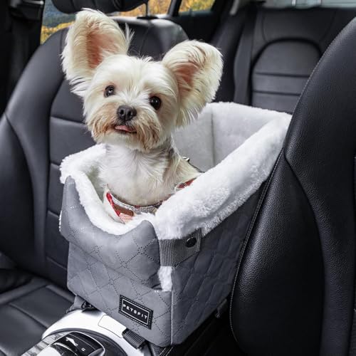 PETSFIT Hundesitz Mittelkonsole Auto, Hunde Autositz für Kleine Hunde mit verbesserten Sicherheitsgurten, waschbarem, dickem Kissen, Dunkelgrau von Petsfit