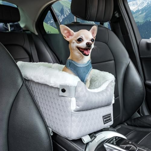 Petsfit Hunde Autositz für Kleine Hunde, Hundesitz Auto Mittelkonsole mit verbesserten Sicherheitsgurten, waschbarem, dickem Kissen für kleine Hunde bis zu 5KG von Petsfit