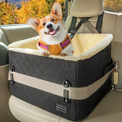 PETSFIT Hunde Autositz erhöht 12.5cm, Hundesitz Auto Rückbank mit Sicherheitspatent, Hundeautositz mit abnehmbarem Plüschbezug, Hundekorb Auto für kleine Hunde bis 12kg, Beifahrersitz & Rückbank von Petsfit