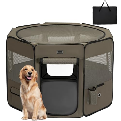 PETSFIT Hundegehege Innen, Anti-Auslauf-Unterseite, Faltbar, Zusammenklappbarer Welpenlaufstall, Kaufestes Design, Hunde-Laufstall Innen, 116 × 106 × 72 cm, Grau von Petsfit