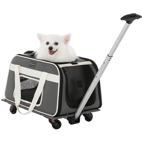Petsfit Transportbox Hund, Hundetasche mit Rädern für kleine Hunde/Katzen mit verstellbarem Sicherheitsseil und abnehmbaren Rollen, S/Grau von Petsfit