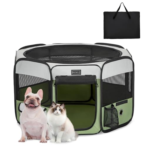 PETSFIT faltbar Welpenauslauf Tierlaufstall für Kleintiere Hunde Katzen,Hundelaufstall Freigehege mit Wasserdichter Boden,Pop-up System Kausicheres Design,Grau/Grün,75 * 68 * 42cm von Petsfit