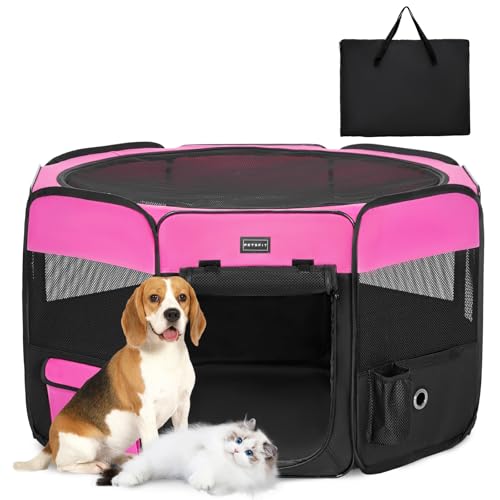 PETSFIT faltbar Welpenauslauf Tierlaufstall für Kleintiere Hunde Katzen,Hundelaufstall Freigehege mit Wasserdichter Boden,Pop-up System Kausicheres Design,Rosarot/Schwarz,92 * 84 * 53cm von Petsfit