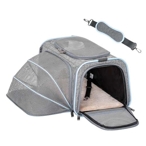 Petsfit Erweiterbare Haustier-Tragetasche, von Fluggesellschaften zugelassen, weiche Seiten, tragbare Katzentragetasche, mit abnehmbarer Plüschmatte, verschließbaren Sicherheitsreißverschlüssen und von Petsfit