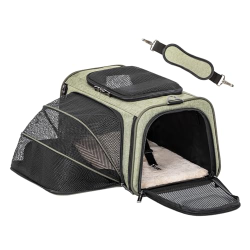 Petsfit Erweiterbare Haustier-Tragetasche, von Fluggesellschaften zugelassen, weiche Seiten, tragbare Katzentragetasche, mit abnehmbarer Plüschmatte, verschließbaren Sicherheitsreißverschlüssen und von Petsfit