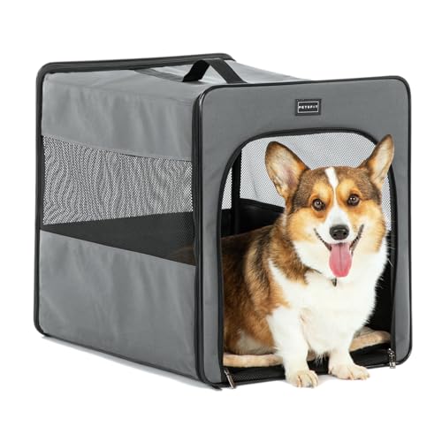 Petsfit Hundebox faltbar, mit 3 cm dicken Plüschmatte, Tragbare Transportbox Hund für mittlere Hunde, geeignet für die Reise,Grau,M 61x46x53.5cm von Petsfit
