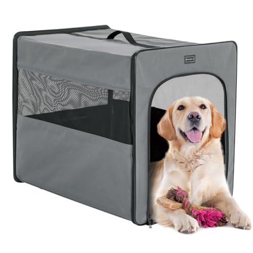Petsfit Hundebox faltbar für zuhause Hundetransportbox Faltbare Hundebox große Hunde, robust, leicht, sicher mit 3 cm dicken Plüschmatte,Grau,L 79x53.5x66cm von Petsfit